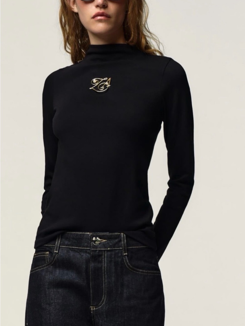 Zara Black Long-Sleeve Mock Neck Top with Gold ZA Emblem